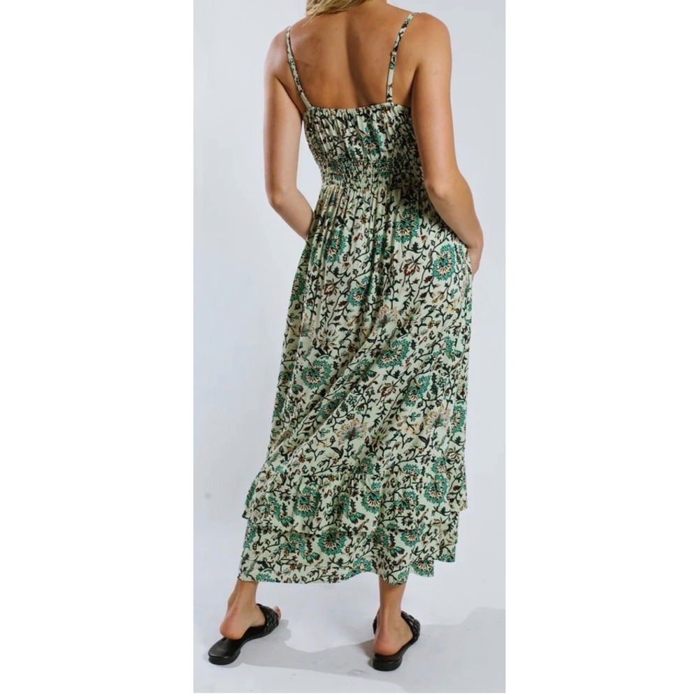 Raga Deema Midi Dress Green Floral Block Print Smocked Back V-Neck Boho - Picture 2 of 8
